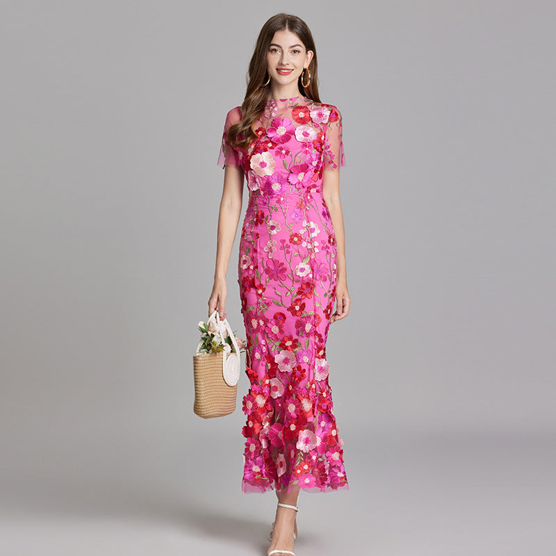 Damen Maxikleid Transparent mit Blumenstickerei