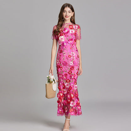 Damen Maxikleid Transparent mit Blumenstickerei