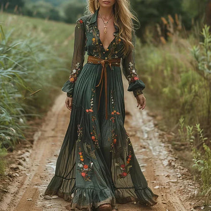 Damen Maxikleid Langarm Niedriger V-Ausschnitt Eveloria