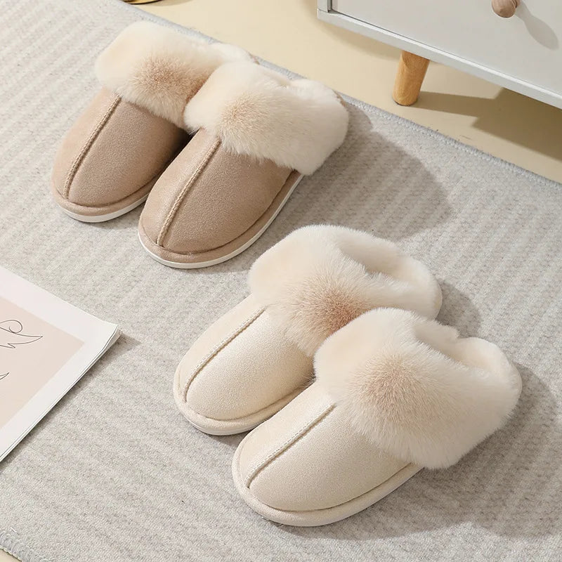 Damen Plüsch Mules Hausschuhe Weiches Futter Beige