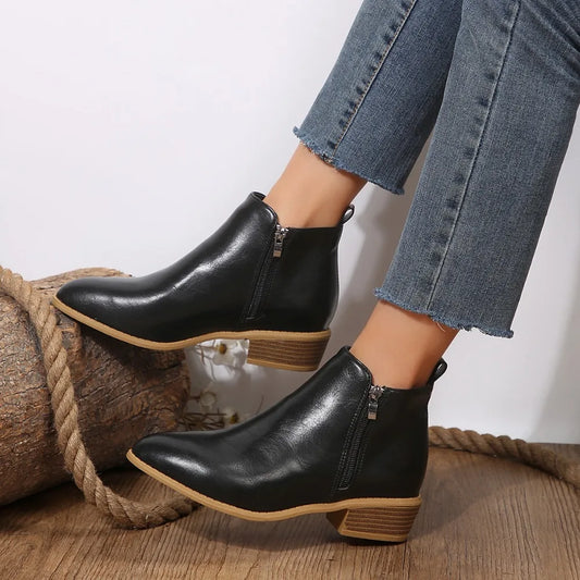 Damen Ankle Boots Lässig Mit Reißverschluss Schwarz - Eveloria