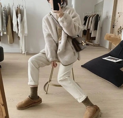 Damen Teddyjacke Beige Oversized mit Knöpfen