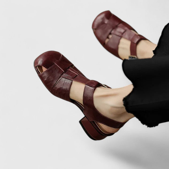 Damen Vintage-Sandalen Peeptoe Blockabsatz