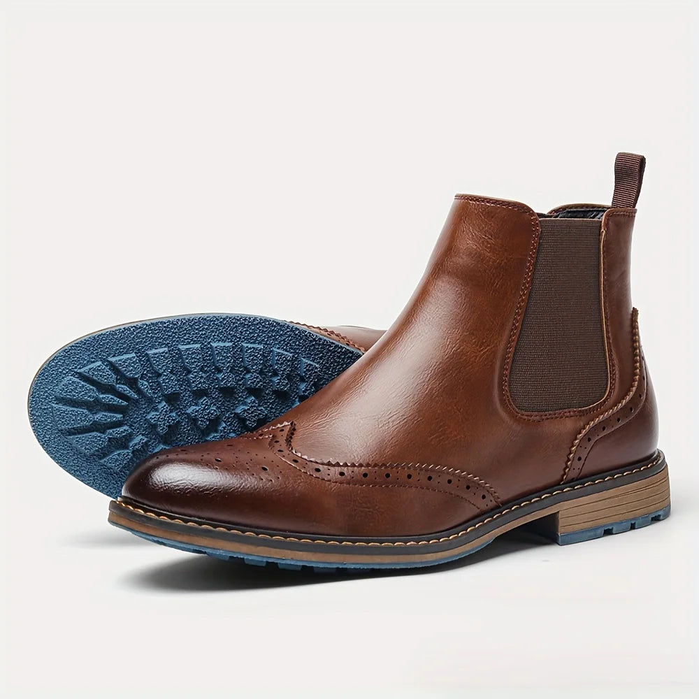 Herren Chelsea Stiefel Brogue Optik Leder
