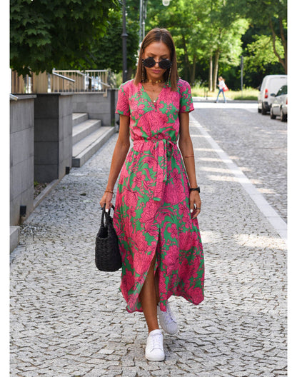 Damen Wickelkleid V-Ausschnitt Kurzarm Midi