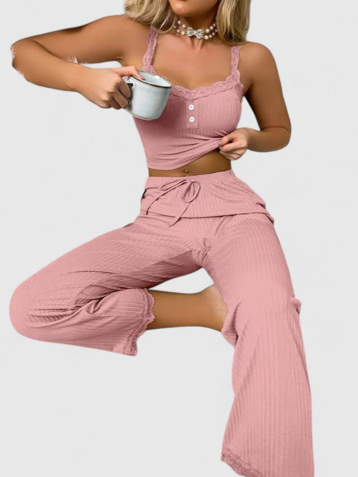 Damen Pyjama-Set Gerippt mit Spitzenbesatz - Eveloria