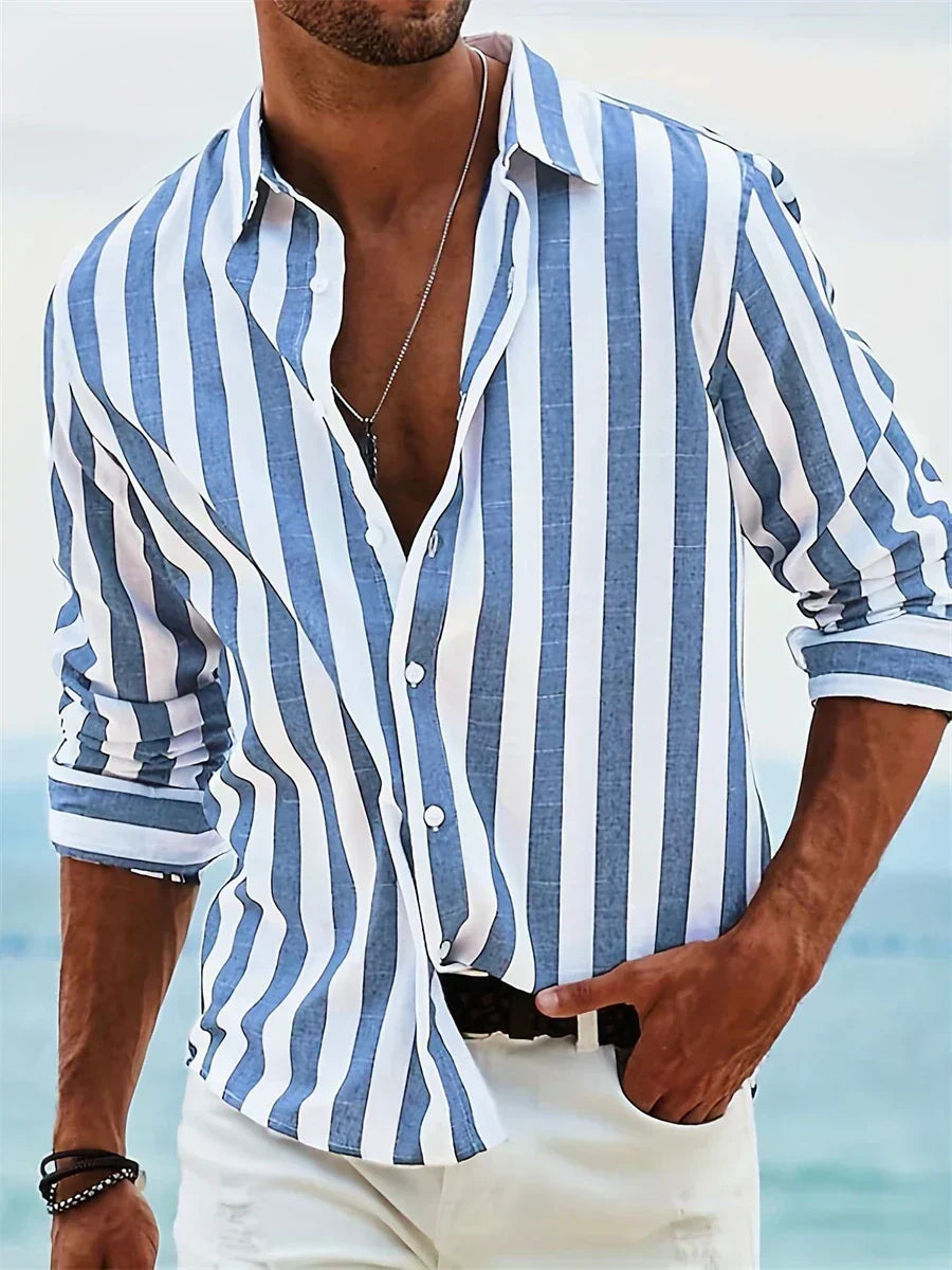 Herren Sommer-Shirt Gestreift Relaxed Baumwolle Blau-Weiß - Eveloria