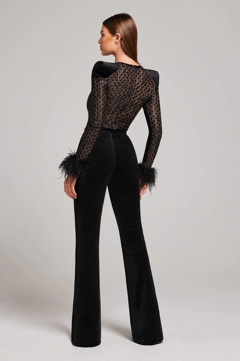 Glitzernder Damen Bodycon Jumpsuit Mit Federn