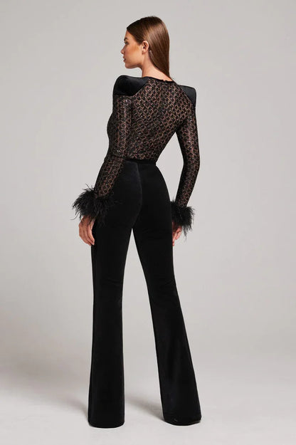 Glitzernder Damen Bodycon Jumpsuit Mit Federn