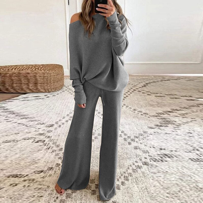 Damen Herbst Pullover Set Ein-Schulter-Modell mit lockerer Hose