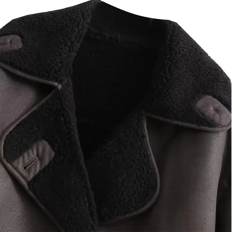 Damen Winterjacke Kunstleder Plüschfutter Breiter Kragen