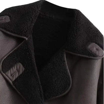 Damen Winterjacke Kunstleder Plüschfutter Breiter Kragen