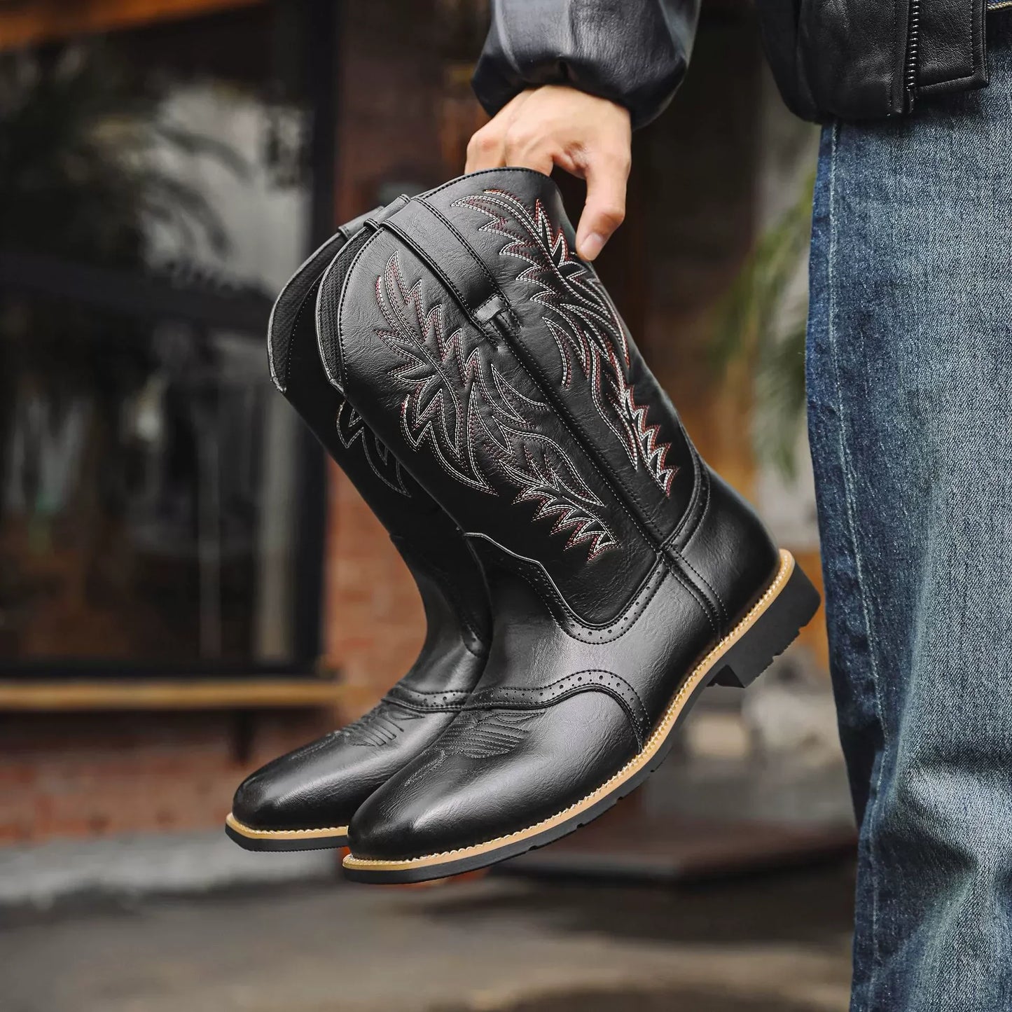 Herren Western Boots Mittelhoch Stickerei Braun