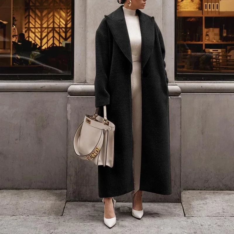 Damen Maxi Wollmantel Lang Fließend Schwarz - Eveloria