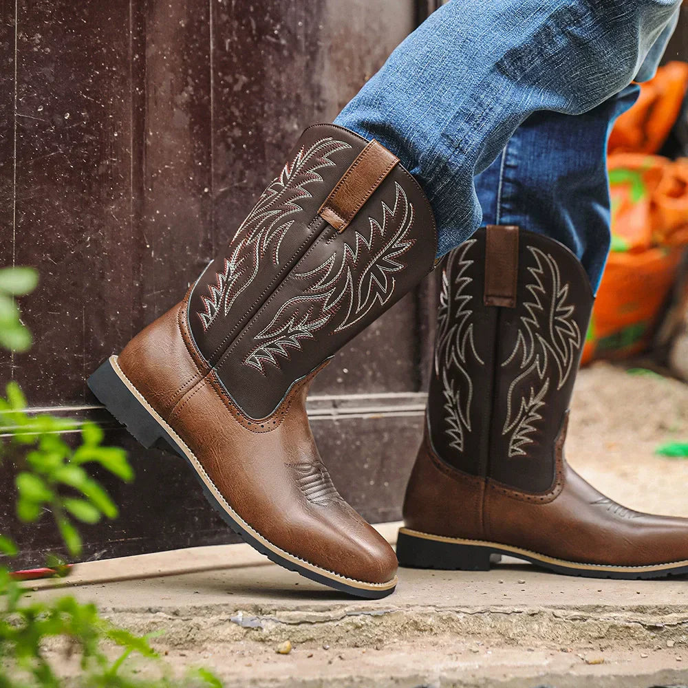 Herren Western Boots Mittelhoch Stickerei Braun - Eveloria