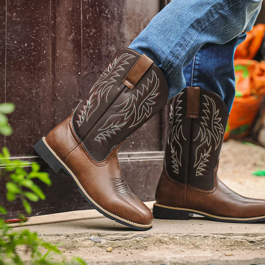 Herren Western Boots Mittelhoch Stickerei Braun - Eveloria