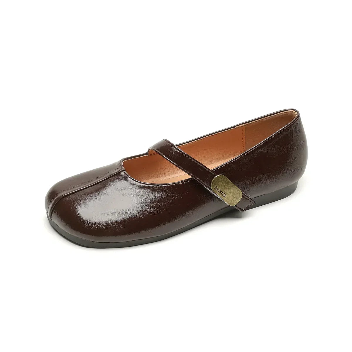 Damen Mary Jane Schuhe Runder Zehenbereich Flach Leder Braun