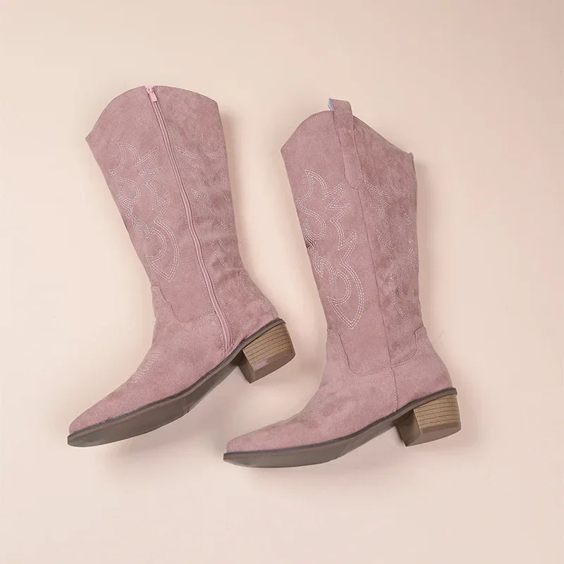 Eveloria Damen Cowboy Stiefel Wildleder Bestickt Braun