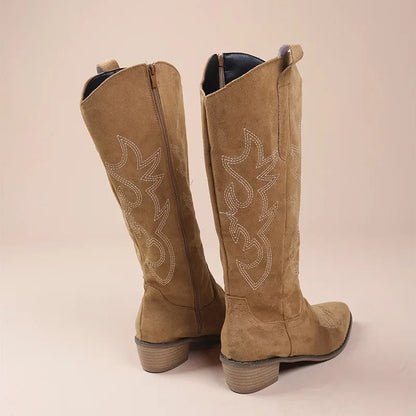 Eveloria Damen Cowboy Stiefel Wildleder Bestickt Braun