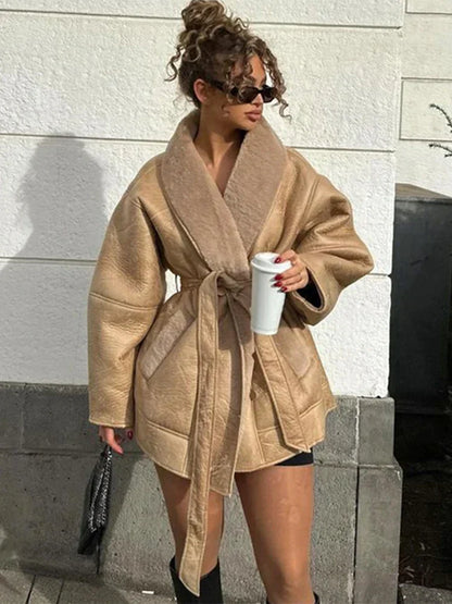 Damen Kunstledermantel Oversized mit Taillengürtel