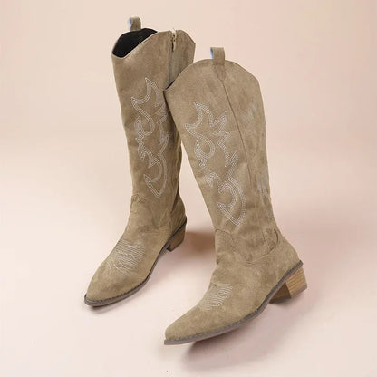 Eveloria Damen Cowboy Stiefel Wildleder Bestickt Braun