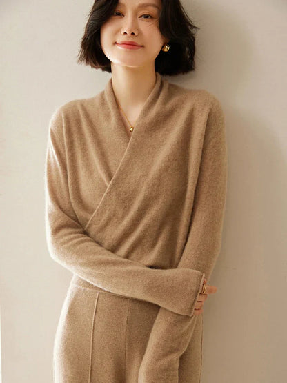 Damen Wickelpullover Elegantes Überkreuz-Design