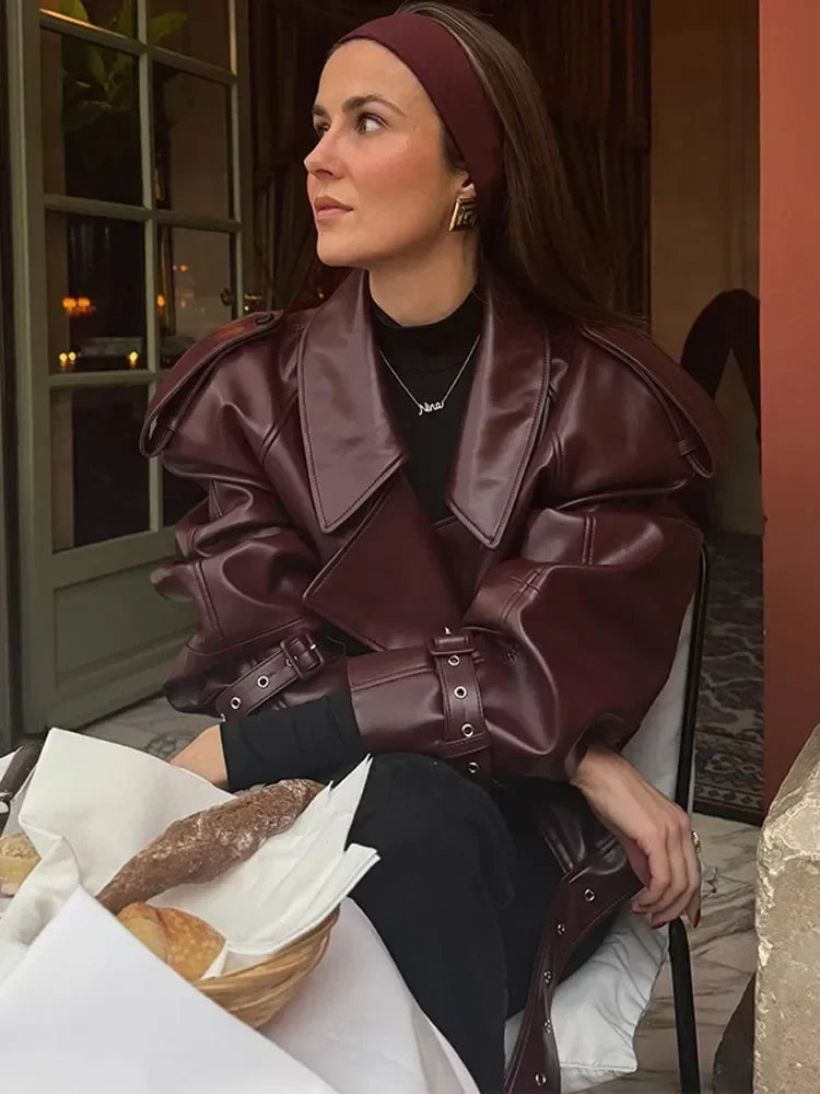 Damen Oversize Lederjacke Burgunder mit Gürtel