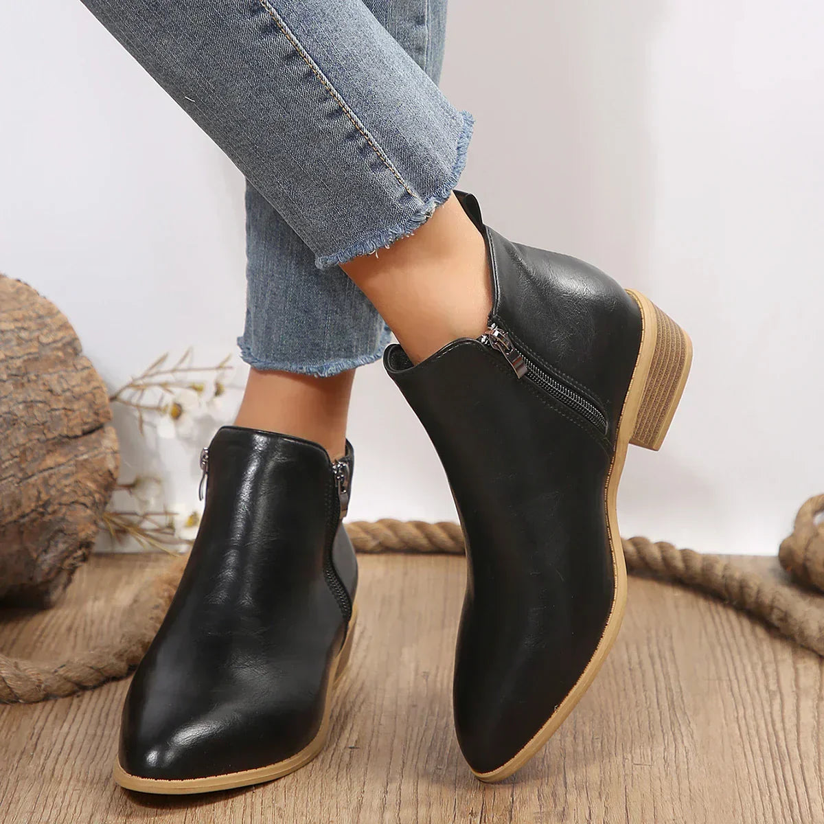 Damen Ankle Boots Lässig Mit Reißverschluss