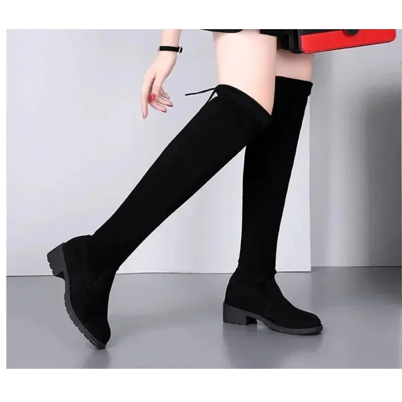 Damen Overknee Stiefel Schnürung Hoher Blockabsatz