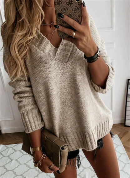Damen Pullover V-Ausschnitt Klobig Warm