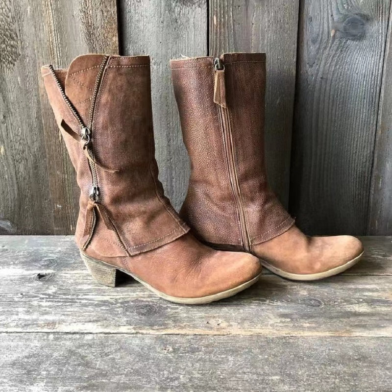 Damen Herbst-Stiefel Eveloria Lederschuhe Braun - Eveloria