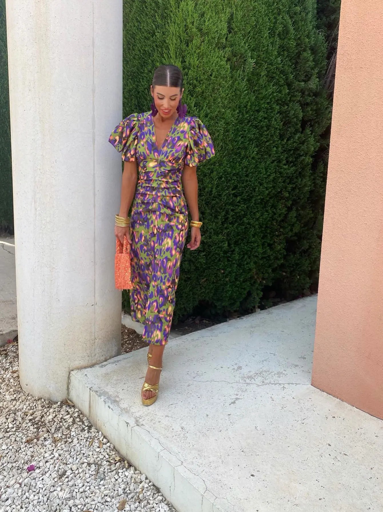 Damen Sommerkleid Mit Puffärmeln Bedruckt Midi