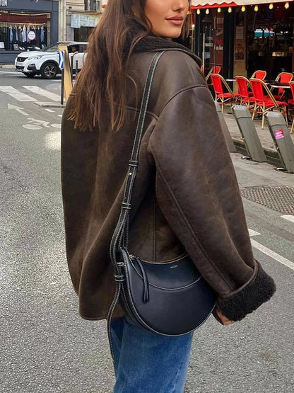 Damen Oversized Jacke Großer Reverskragen Knöpfe Fleecefutter