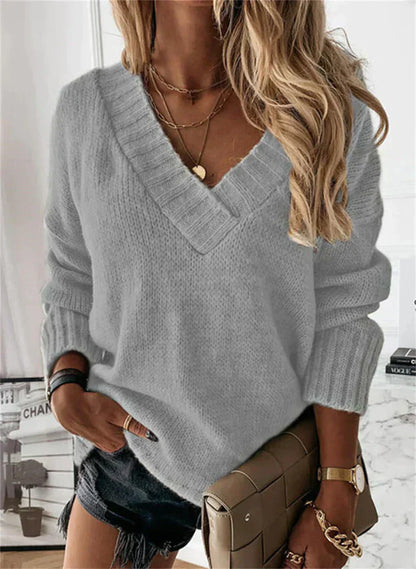Damen Pullover V-Ausschnitt Klobig Warm