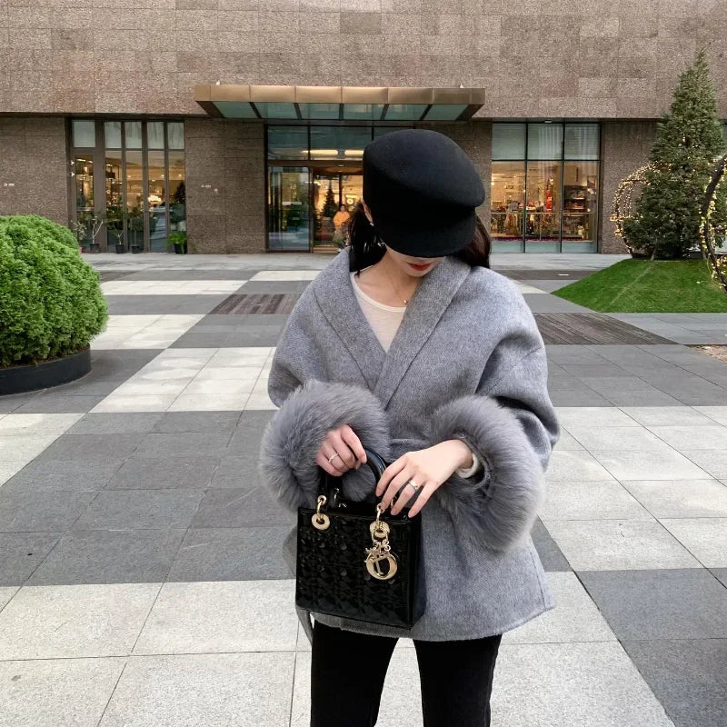 Damen Wickelmantel mit Bindegürtel Eleganz Schwarz - Eveloria