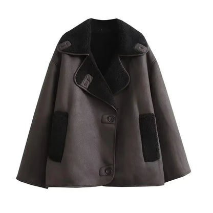 Damen Winterjacke Kunstleder Plüschfutter Breiter Kragen