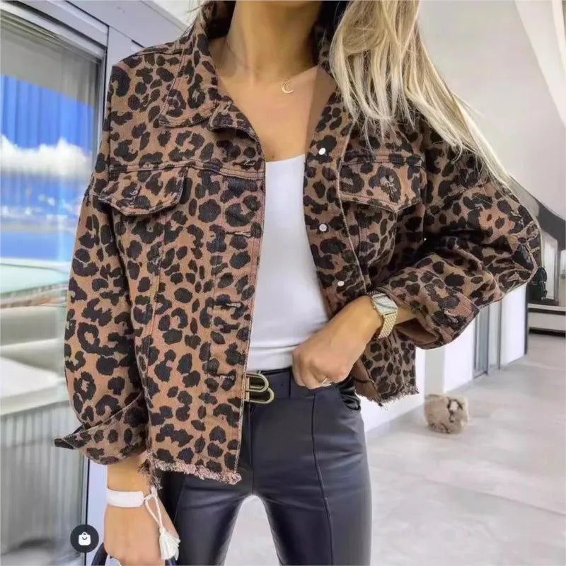 Damen Jeansjacke Leopardenmuster Animal Print