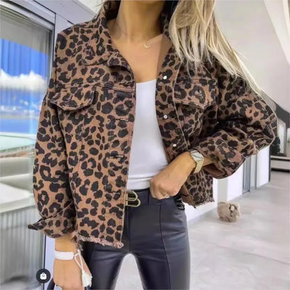 Damen Jeansjacke Leopardenmuster Animal Print
