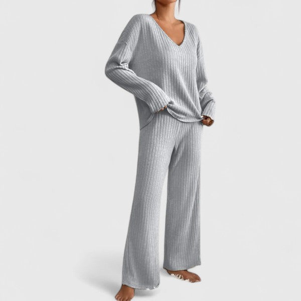 Damen Lounge-Set Rippstrick Weite Hose