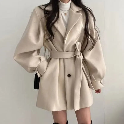 Damen Trenchcoat Puffärmel Bindegürtel