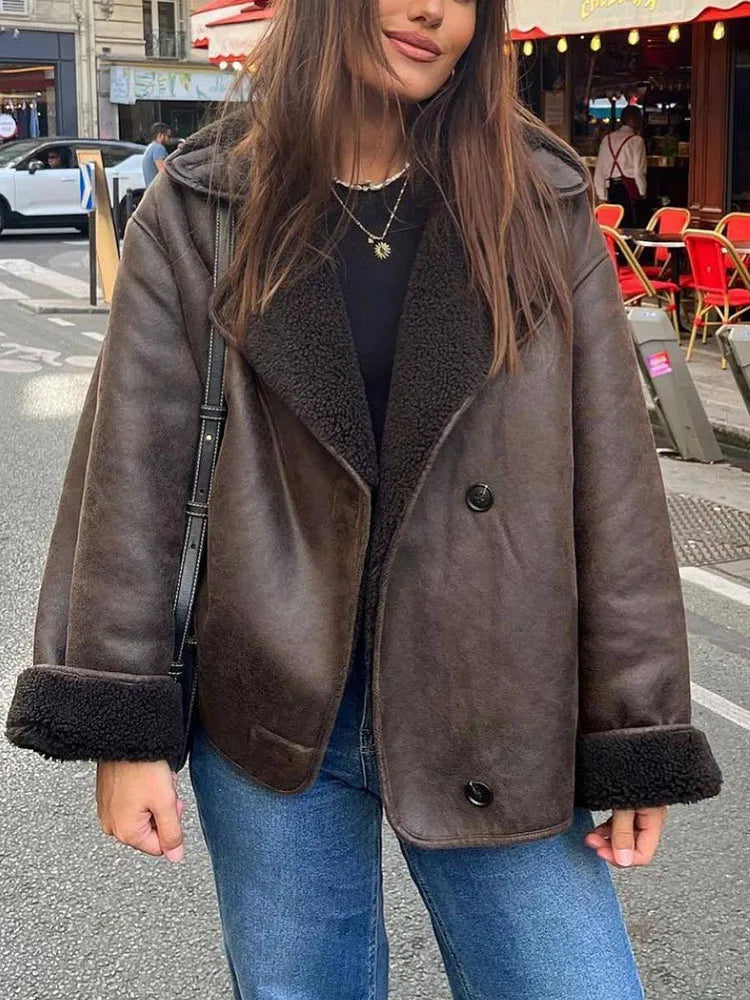 Damen Oversized Jacke Großer Reverskragen Knöpfe Fleecefutter