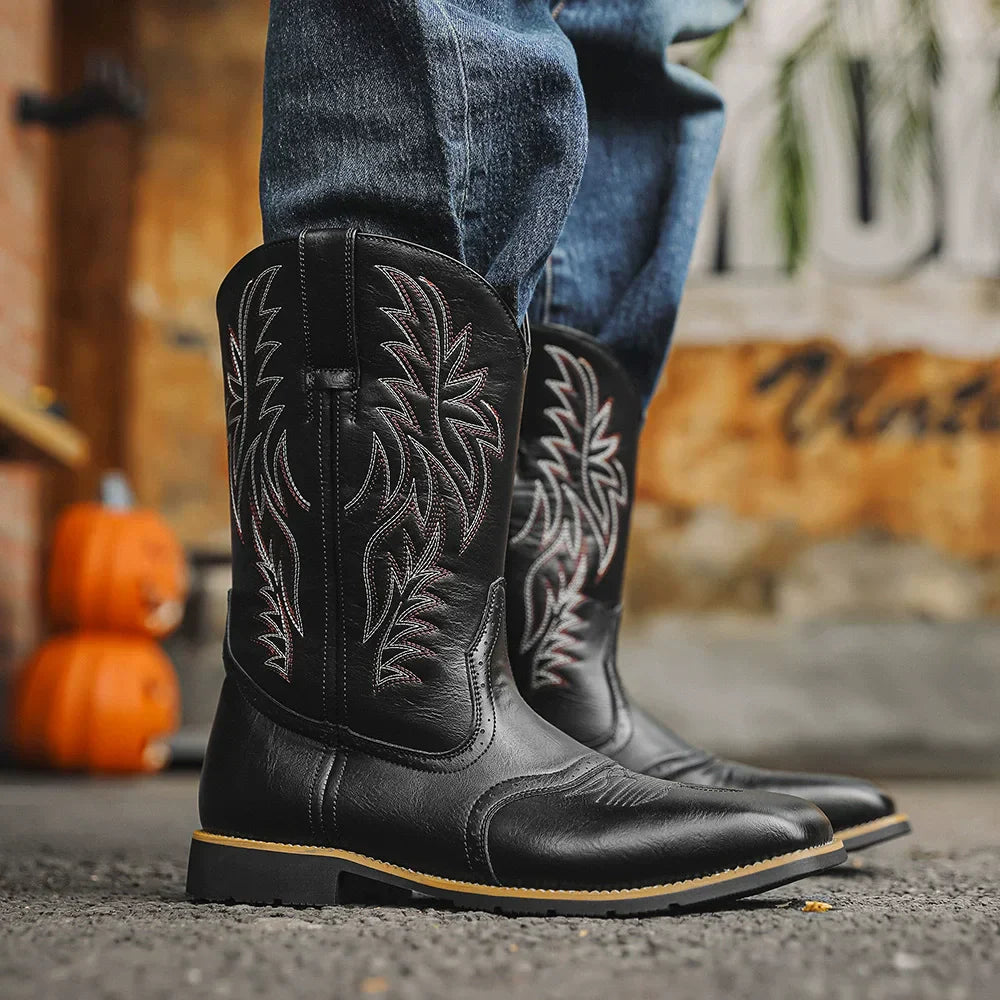 Herren Western Boots Mittelhoch Stickerei Braun