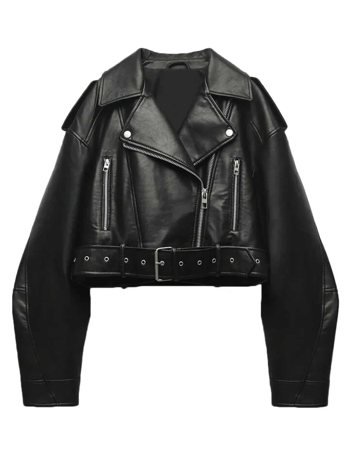 Damen Bikerjacke Cropped Asymmetrisch Leder Schwarz - Eveloria
