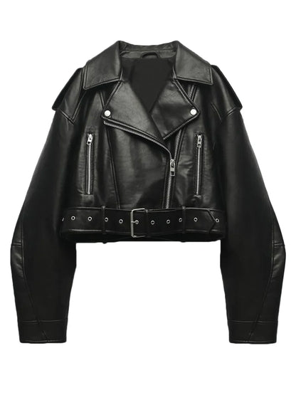 Damen Bikerjacke Cropped Asymmetrisch Leder Schwarz - Eveloria