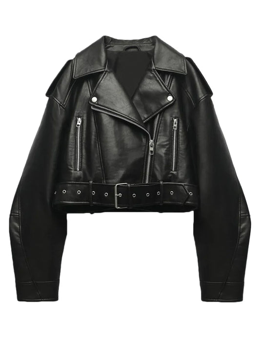Damen Bikerjacke Cropped Asymmetrisch Leder Schwarz - Eveloria