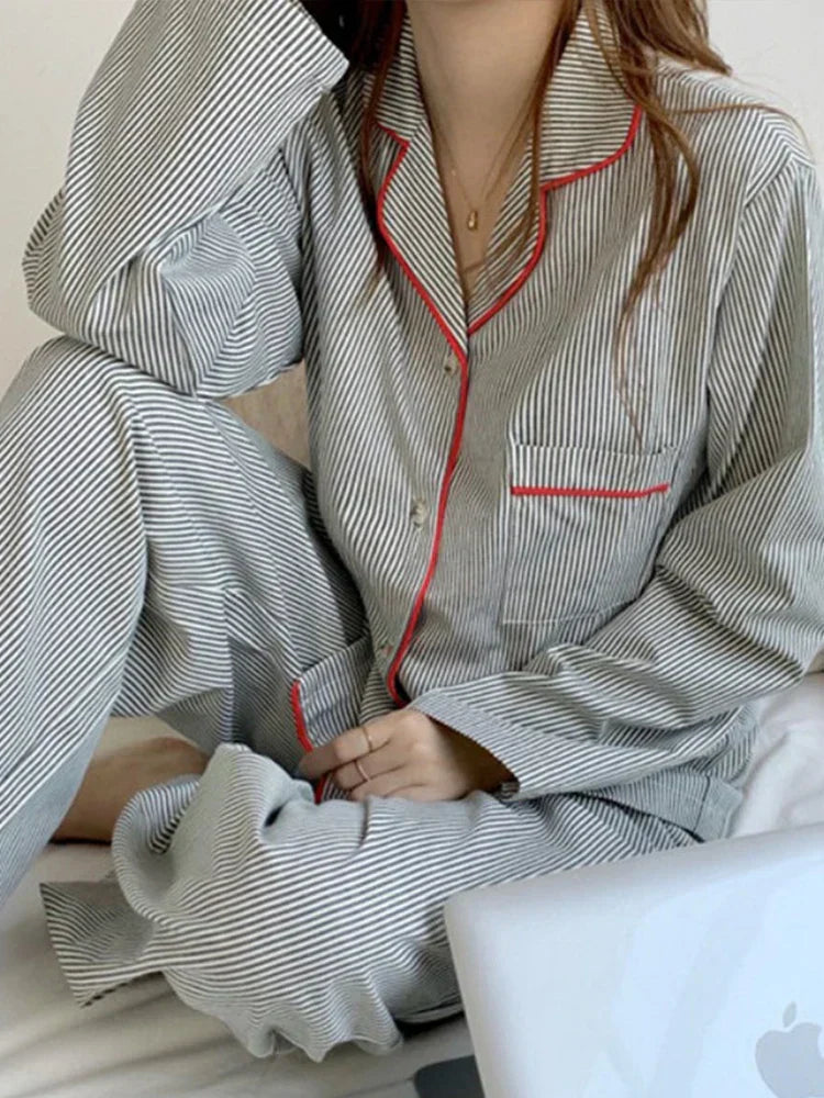 Damen Pyjama Set Zweiteiler Gestreift mit Knopfhemd und Hose