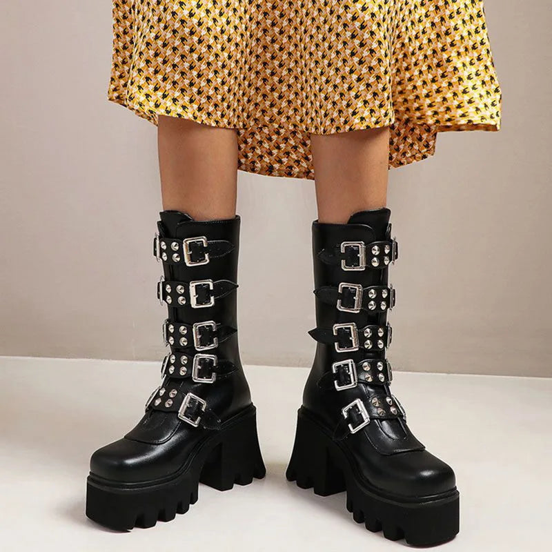 Damen Gothic Stiefel Hochabsatz Chunky