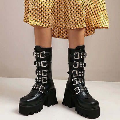 Damen Gothic Stiefel Hochabsatz Chunky