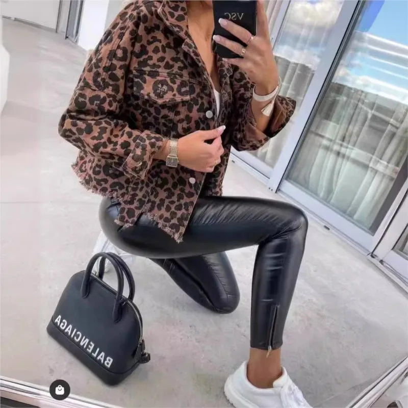 Damen Jeansjacke Leopardenmuster Animal Print