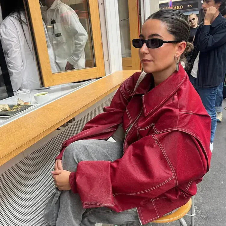 Damen Oversized Jacke Reißverschluss Roter Kragen